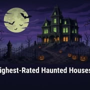 Fostoria News: Illustration of a generic spooky Victorian haunted house on a hill with jack-o-lanterns and a full moon, with headline: The 20 Highest-Rated Haunted Houses in Ohio for 2026